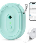 Compact Bluetooth Label Maker With Built In Rechargeable Battery And Ink Free Direct Thermal Printing For Effortless Home Organization And Straight Up Reliable Daily Labeling Jobs In Cool Green, showing printer, label tape, and app preview.