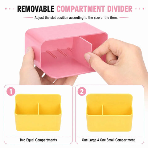 Hands adjusting divider in 6 Pack Magnetic Pen Holder Set For Whiteboards And Fridges, demonstrating two storage options.