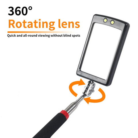 Telescoping Inspection Mirror With 360 Degree LED Rotation, showing extendable handle and shatterproof lens for vehicle inspections.