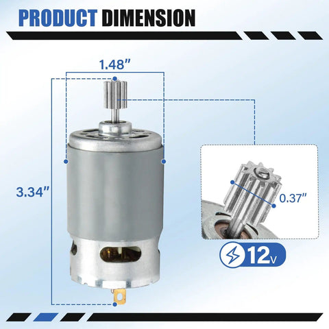 12V Gearbox Motor Replacement For Ride On Cars With 10 Tooth Pinion Installed, dimensions shown, built tough and durable.