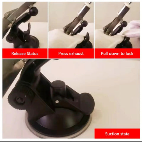 Adjustable Speed Mini Telescopic Linear Actuator with suction cup in release, press exhaust, and pull to lock states.