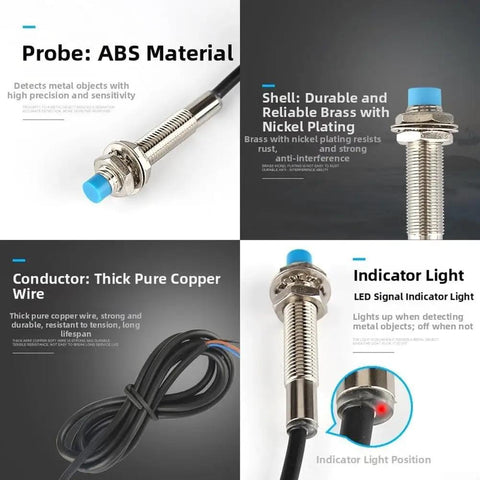 5 Pack M8 Inductive Proximity Sensor LJ8A3-2-Z BX Non Contact 2mm Sensing Distance With 1.2m Wire For Industrial Automation Systems And Robotics Great For Bulk Deployments In Workshops And On The Shop Floor., M8 brass sensor with ABS probe, nickel-plated shell, copper wire, LED indicator