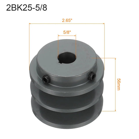 Beefy V Belt Sheave 5 Eighths Bore 2.65 Inch Outer Diameter Double Groove Web Pulley Cast Iron for 3L or B Belts Bored to Size with Standard Keyways and Hollow Head Set Screws Durable Wear Resistant Gear Accessory on white background