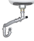 All-In-One Kitchen Sink Drain Kit One And A Half Inch With Flexible P-Trap Plug-And-Play No-Tool Installation Universal Compatibility Leak-Free For Single Bowl Sinks Easy Setup DK-100 Silver under-sink view