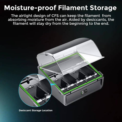 CFS Multicolor 3D Printing System With Four Color Modules For Seamless 16 Color Printing Auto Switch Anti Moisture Storage Upgrade Kit showcasing moisture-proof filament storage with desiccant location.