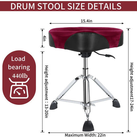 Hydraulic Saddle Drum Throne Dope Comfort For Adults, Heavy Duty Height Adjustable Suede Seat, Motorcycle Style Drum Stool With Black PU Leather, Dark Red Brown, 15.4in wide, 17-24in height