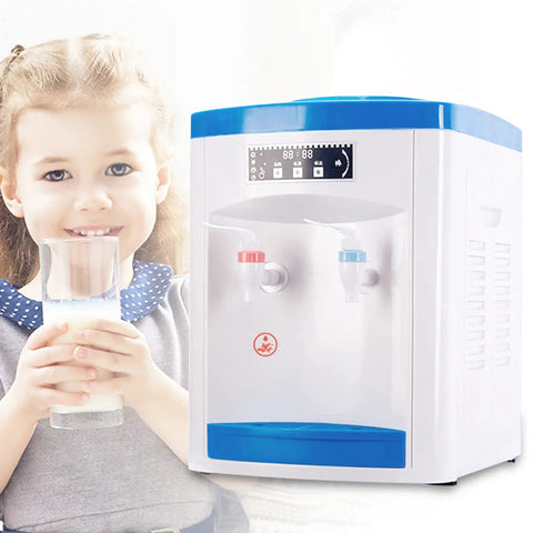 Powerful 550W Desktop Water Cooler Dispenser With Hot And Cold And Room Temperature Water, 4.9 Gallon Top Loading Unit next to child