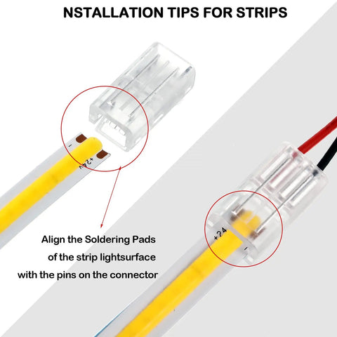 Easy Solderless LED Strip To Wire Connectors Kit in use, showing connection of 2 pin strip lights with transparent adapter, 8 mm.