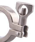 Stainless steel sanitary tri-clamp with wing-nut screw, close-up view of clamp hinge for TC ferrule