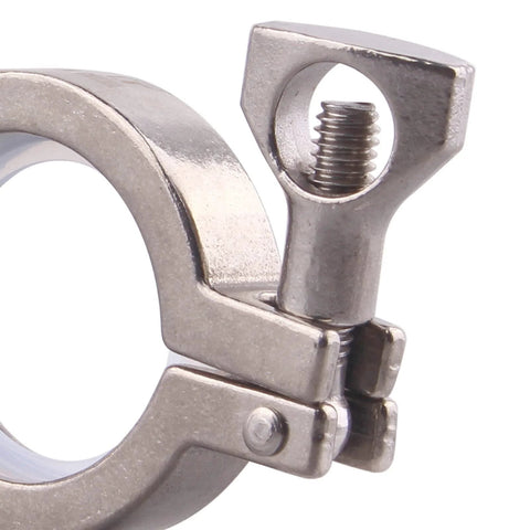 Stainless steel sanitary tri-clamp with wing-nut screw, close-up view of clamp hinge for TC ferrule