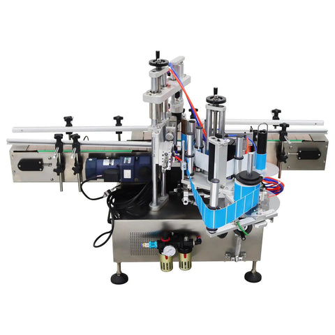 Fully Automatic Bottle Labeling Machine With Chain Conveyor Belt Applicator For Round And Square Packaging, side view showing mechanics.