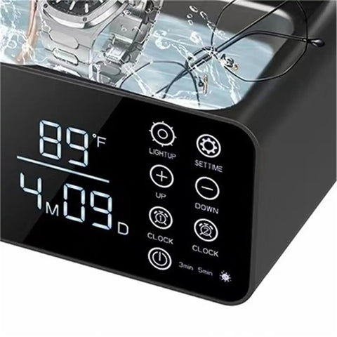 Score That Perfect Shine On All Your Favorite Bling Like Jewelry Glasses And Watches Using This Super Effective 48Khz Ultrasonic Deep Cleaning Machine With Smart Touch Controls And Precision Safety Alarm, displaying controls and water with jewelry.