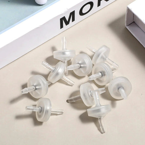 10-pack of clear plastic check valves with barbed hose fittings, 1/8 inch (3 mm) size for water, fuel, oil, and air.