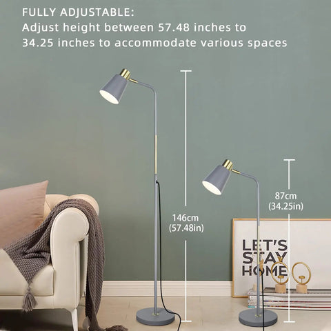 Dope Industrial Floor Lamp With Adjustable Metal Heads in grey, showing height adjustment from 34.25" to 57.48", suitable for decor.