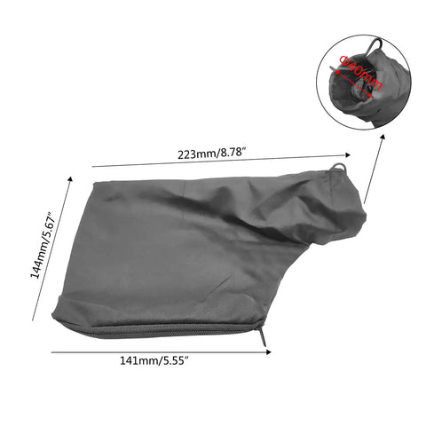 Garage Ready Adjustable Dust Collection Bag Fits Miter Saw Woodworking Catchall Zipper Bottom Slides On Quick, black polyester bag with dimensions.