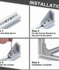 Installation process of 2040 Corner Bracket Kit showing steps to fix corner brackets, slide nuts, and tighten screws for aluminum extrusion rails.