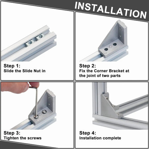 Installation process of 2040 Corner Bracket Kit showing steps to fix corner brackets, slide nuts, and tighten screws for aluminum extrusion rails.