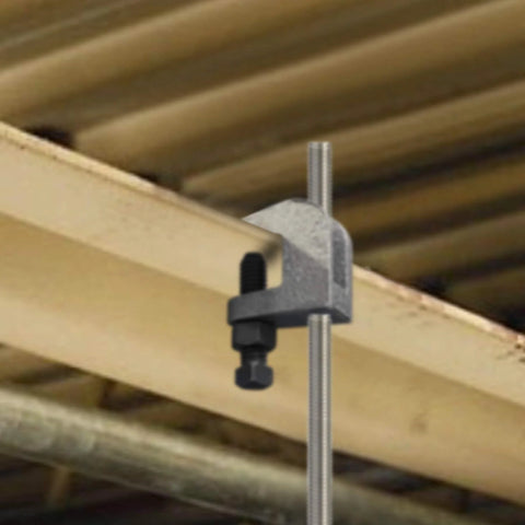 NIDAYE beam clamp installed on a beam with 3/8 in UNC threaded rod, gray metal, piping support