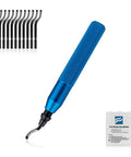 Precision Deburring Tool With 10 High Speed Steel BS1010 Blades For Effortless Edge Burr Removal On Copper Iron Aluminum And 3D Printing Plastics Including Resin Art Projects Durable Blue Handle displayed with blades and case.