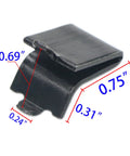 Close-up of Adjustable Heavy Duty Steel Pilaster Shelf Clips showing dimensions in matte black finish.