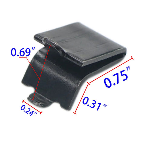 Close-up of Adjustable Heavy Duty Steel Pilaster Shelf Clips showing dimensions in matte black finish.