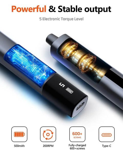 Close-up of 80-In-1 Mini Electric Precision Cordless Screwdriver with transparent casing showing LED light and USB-C port.