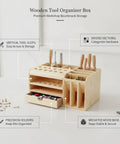 Wooden Tool Organizer Box With Divided Compartments And Vertical Tool Slots For Quick Access On Workshop Benches Or Craft Tables