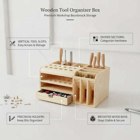Wooden Tool Organizer Box With Divided Compartments And Vertical Tool Slots For Quick Access On Workshop Benches Or Craft Tables