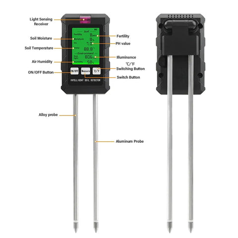 All In One 6 In 1 Soil Tester With pH Meter And LCD Display showing soil moisture, temperature, humidity, and fertility readings