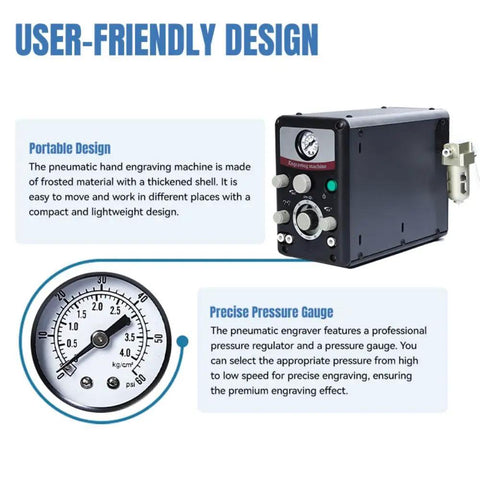 User interface and control panel of Pneumatic Jewelry Engraver Machine Dual Head 400 To 8000 RPM Pro Grade with pressure gauge.