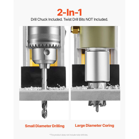 Professional Grade Magnetic Drill Press Delivering Knockout Power With 1400W Copper Motor And Rock Solid 2810 Lbs Magnetic Grip 1.6 Inch Core Drilling Capacity, showing small and large diameter drilling features.