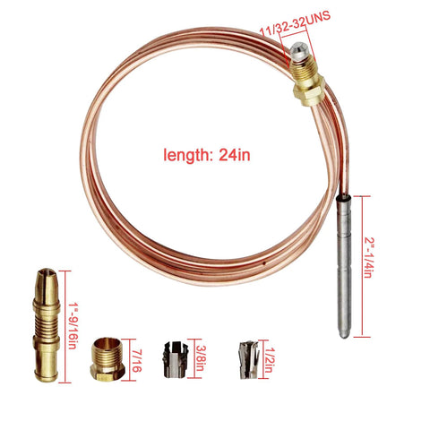 Thermocouple with 24-inch copper tube, brass fittings, and metal probe for Robertshaw thermostat control
