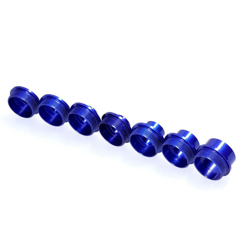 Set of blue aluminum bushings from Rock Solid 10 Piece Router Template Bushing Set for precision woodworking jobs.