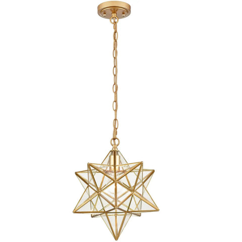 Moravian Star Brass Pendant Light, Dope Modern 14 Inch Ceiling Fixture With Clear Glass Shade, Transitional Chic design