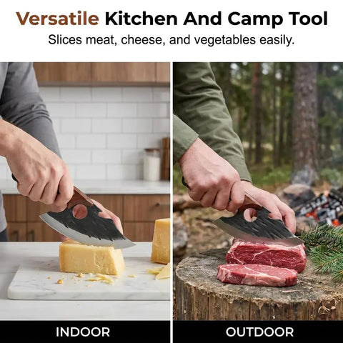 Two Pack Hand Forged Chef Knife And Cleaver Set for home cooking and camping, slicing cheese indoors and meat outdoors.