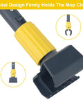 Close-up of Heavy Duty Metal Mop Handle 58 Inch Industrial Mop Stick with yellow jaw clamp grip for secure mop head change.