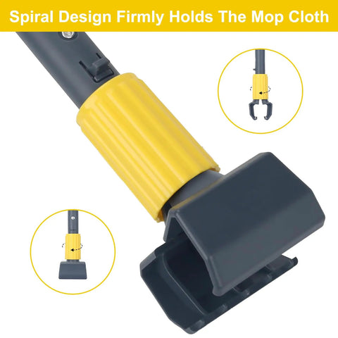 Close-up of Heavy Duty Metal Mop Handle 58 Inch Industrial Mop Stick with yellow jaw clamp grip for secure mop head change.