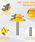 45 Degree Lock Miter Router Bit Set Three Piece Kit With One Quarter Inch Shank For Woodworking Create Strong Lock Miter Joints