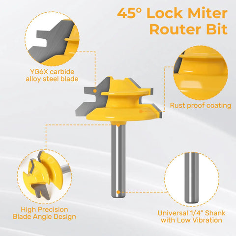 45 Degree Lock Miter Router Bit Set Three Piece Kit With One Quarter Inch Shank For Woodworking Create Strong Lock Miter Joints