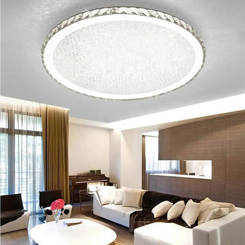 Crystal Round LED Flush Mount Ceiling Light White 16 Inch Modern Close to Ceiling Chandelier in living room setting