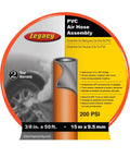 Packaging of Orange 3/8 Inch Air Hose, 50 Ft With 1/4 Inch MNPT Fittings, PVC Reinforced By Polyester Yarn, Bend Restrictor, 200 PSI