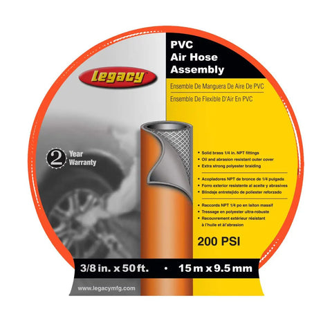 Packaging of Orange 3/8 Inch Air Hose, 50 Ft With 1/4 Inch MNPT Fittings, PVC Reinforced By Polyester Yarn, Bend Restrictor, 200 PSI