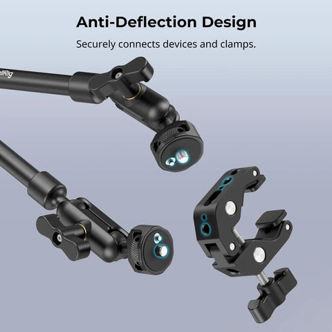 22 Inch Magic Arm Clamp Overhead Phone Mount Stand for Desk Camera with anti-deflection design and secure clamp connection.
