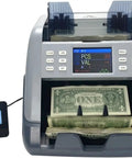 Heavy Hitter Multi Currency Bill Counter Machine with auto currency identification processing bills and detailed display.