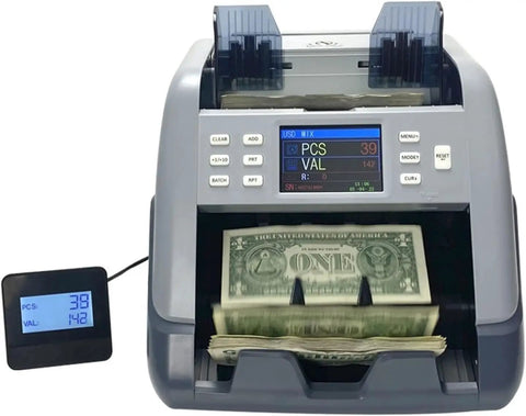 Heavy Hitter Multi Currency Bill Counter Machine with auto currency identification processing bills and detailed display.