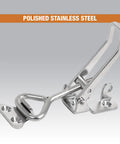 Solid As A Rock 6 Inch Polished Stainless Steel Adjustable Grip Draw Latch With Strike Plate shown from the side, detailed latch mechanism.