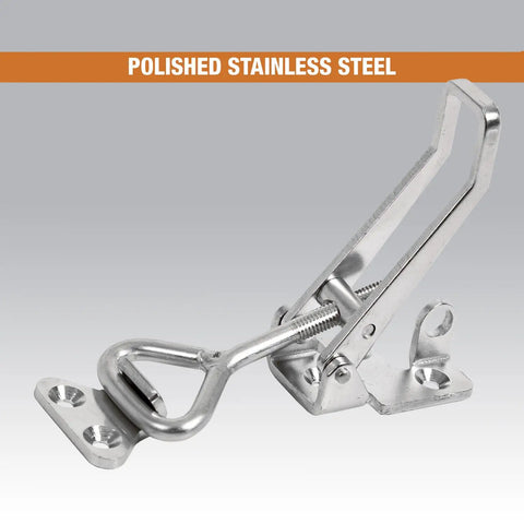 Solid As A Rock 6 Inch Polished Stainless Steel Adjustable Grip Draw Latch With Strike Plate shown from the side, detailed latch mechanism.