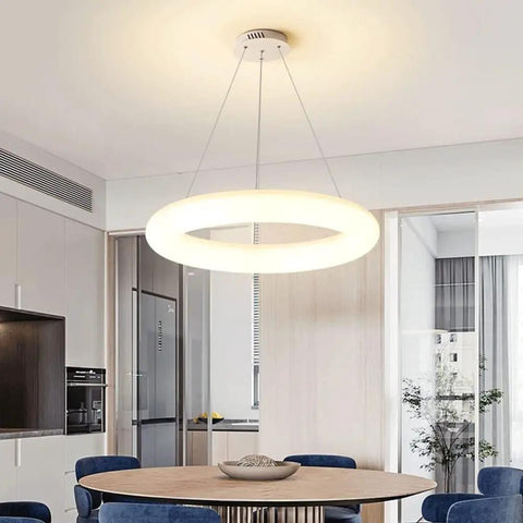 White Ring Acrylic LED Pendant Light for Bedroom, Modern Hanging Lamp over dining table in contemporary interior
