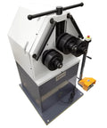 Heavy Duty Electric Three Roller Pinch Bend Machine With 2 Inch Rollers And 220V Power, showing motor and foot control.