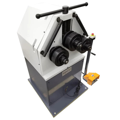 Heavy Duty Electric Three Roller Pinch Bend Machine With 2 Inch Rollers And 220V Power, showing motor and foot control.